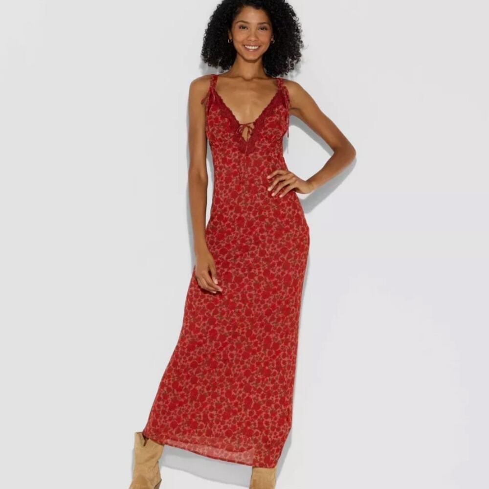 A New Day Red Floral Slip Maxi Dress Reformation Style NWT XS - Picture 1 of 13